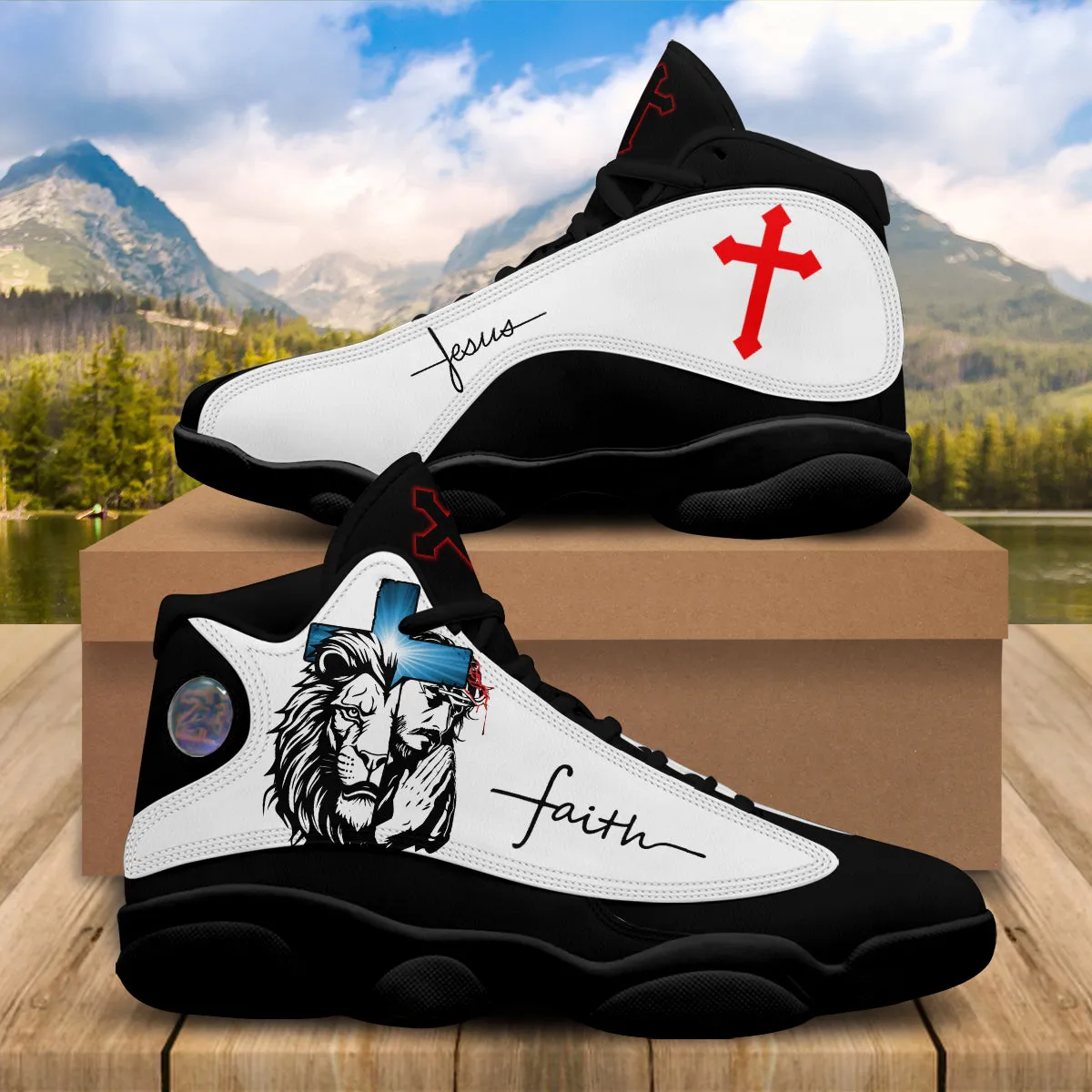 Teesdily | Jesus Lion Of Judah Art Cross Basketball Shoes, Jesus Faith Running Shoes, Christian Unisex Basketball Shoes, Faith Believers