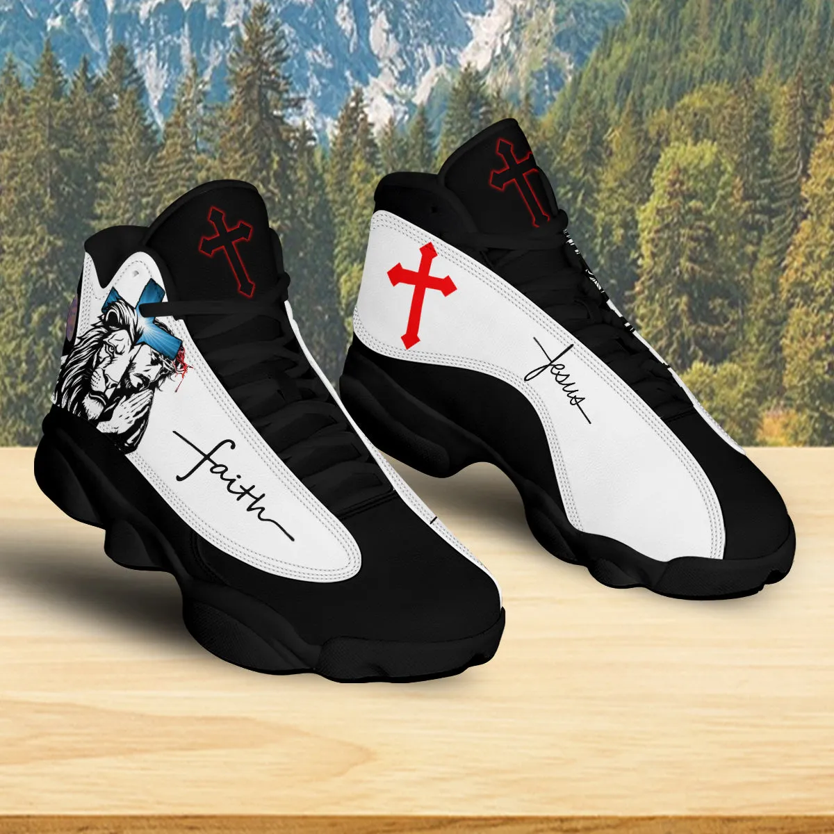 Teesdily | Jesus Lion Of Judah Art Cross Basketball Shoes, Jesus Faith Running Shoes, Christian Unisex Basketball Shoes, Faith Believers