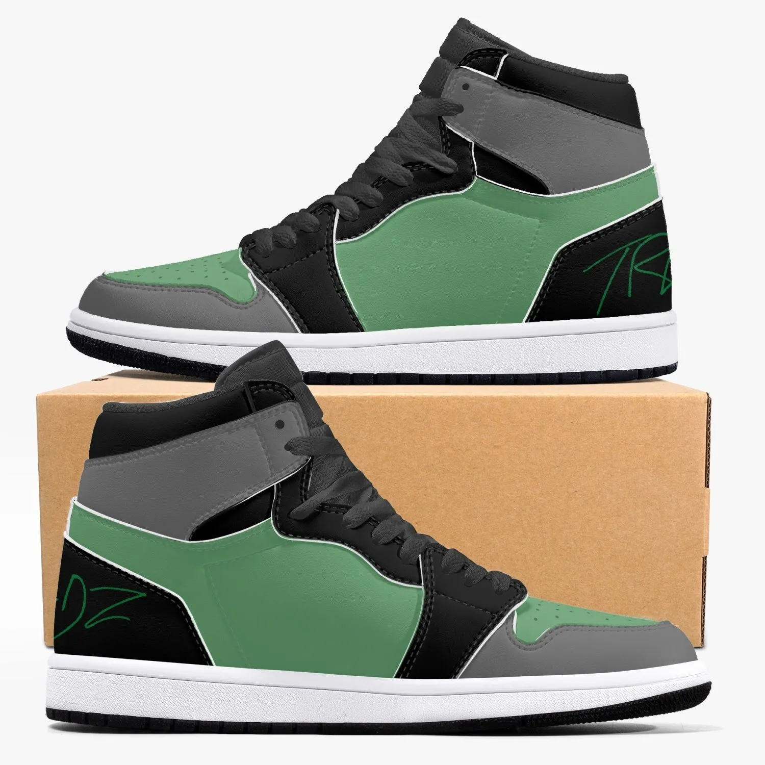 TREADZ New Black and Green High-Top Leather Sneakers