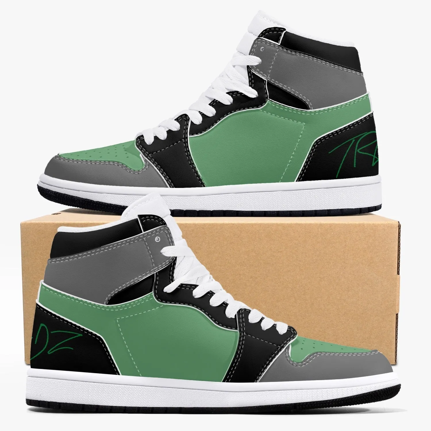 TREADZ New Black and Green High-Top Leather Sneakers