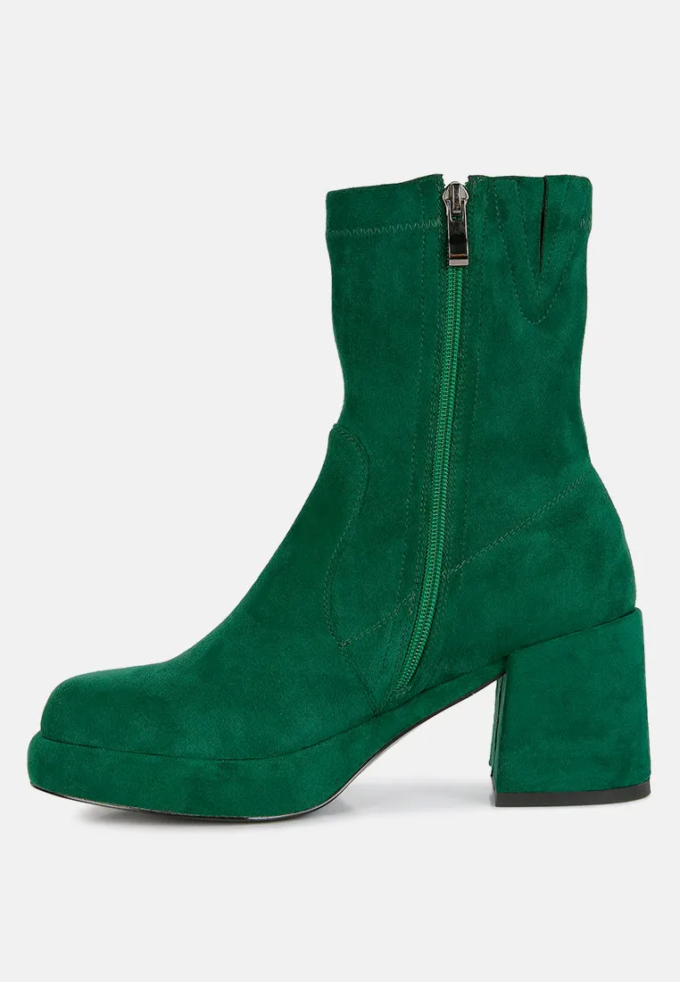 Two-Cubes Suede Platform Ankle Boots | Green or Black | London Rag