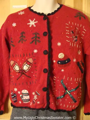 Winter Sports Themed Tacky Cheesy Holiday Sweater with Skiis Snowshoes Mittens and Skates (f1188)